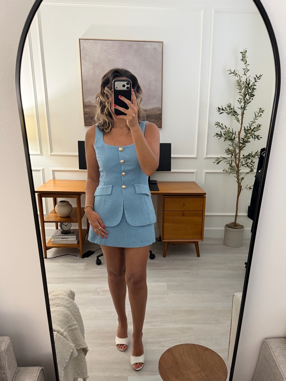 Amanda Uprichard Light Blue Tweed Mini Romper Dress, Gold Buttons - Used Once